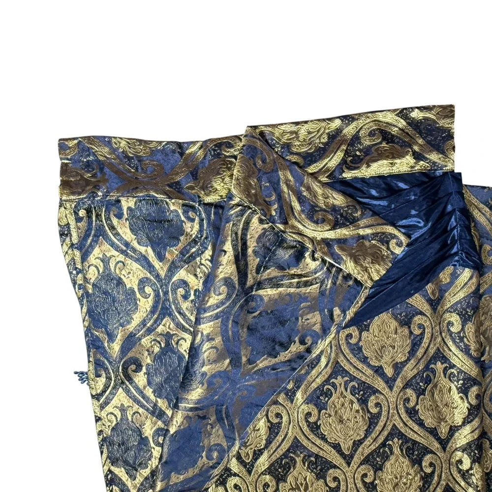 Single Gold Blue Jacuard Curtain Panel Damask Printed Attached Valance Luxury